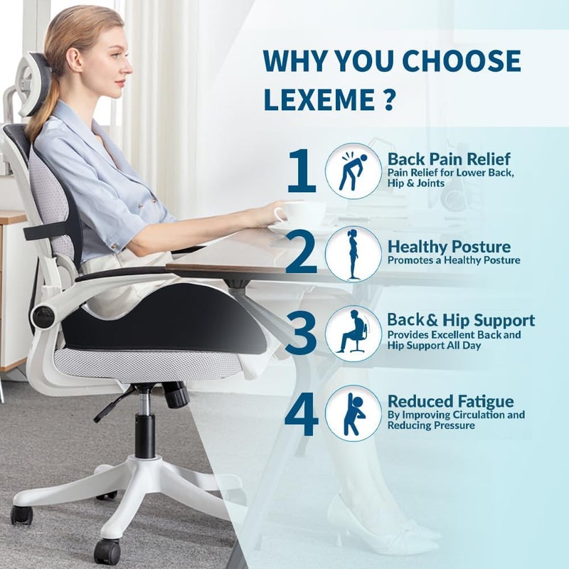 Lexeme X Large Memory Foam Seat Cushion Lumbar Support Pillow for Sciatica & Tailbone Pressure Relief Coccyx Pad for Office Chair, Car,Wheelchair,Home,Office - Image 2